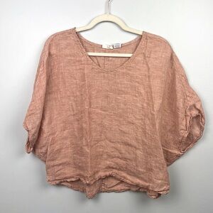 100% Linen Sigrid Olsen XL short waisted short sleeved crop top coral